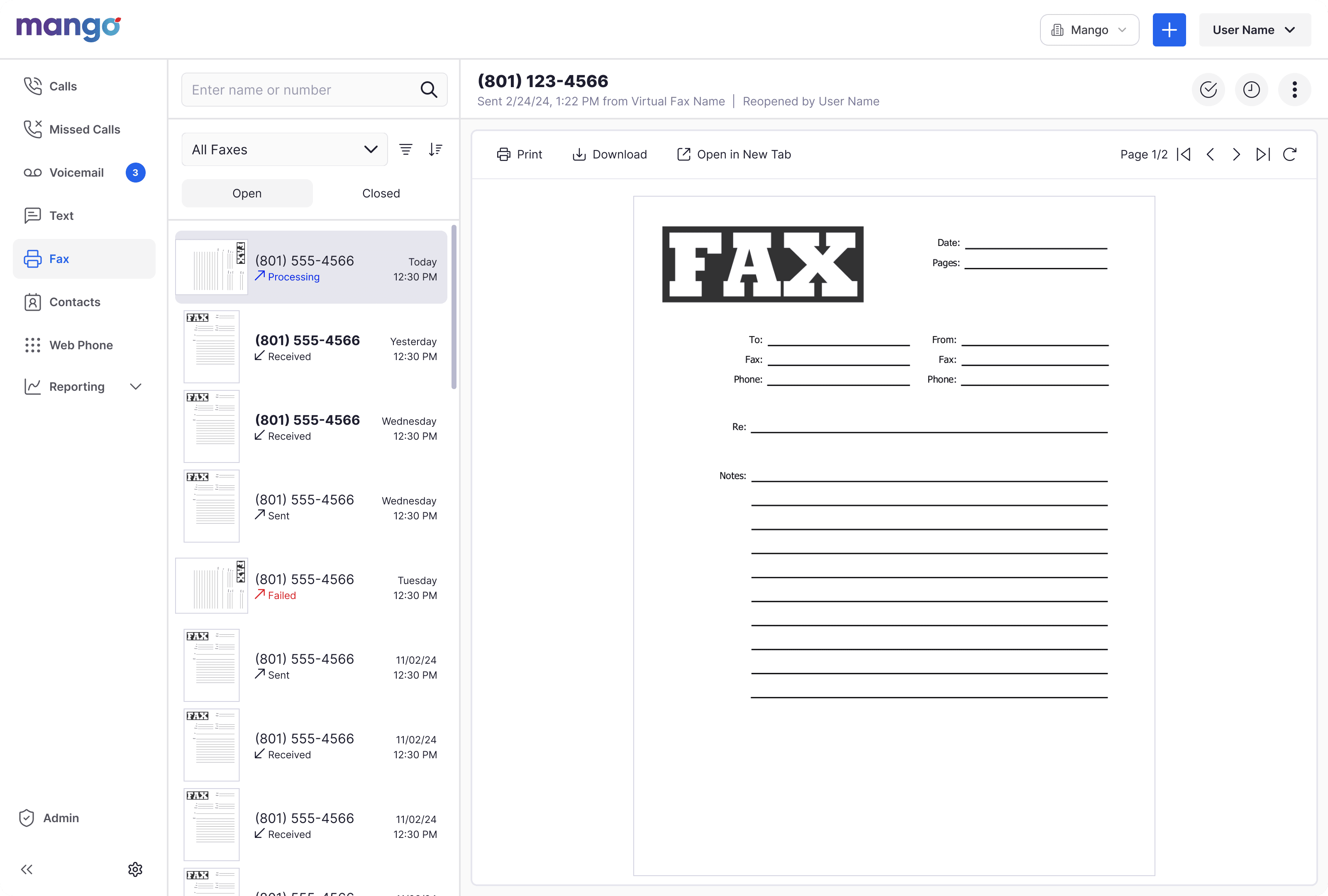 Mango Voice fax interface showing a fax list and a fax cover sheet preview