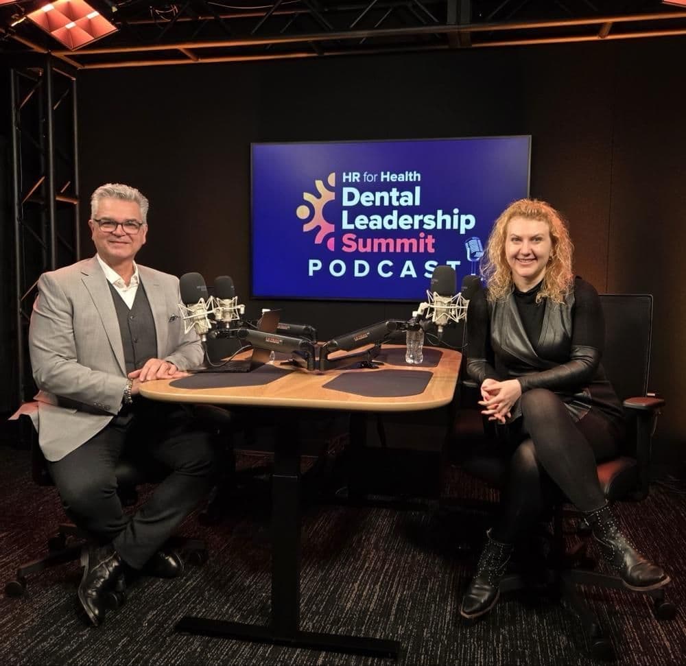 Two hosts seated in the studio for the HR for Health Dental Leadership Summit Podcast