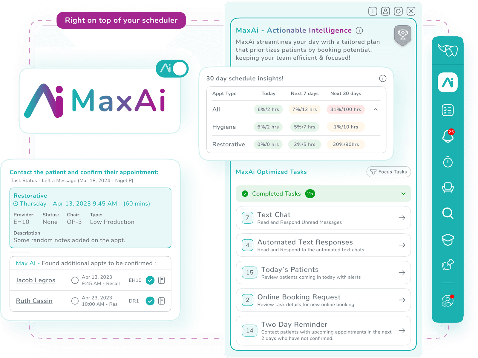 MaxAI patient communication and engagement dashboard shown on top of the scheduler