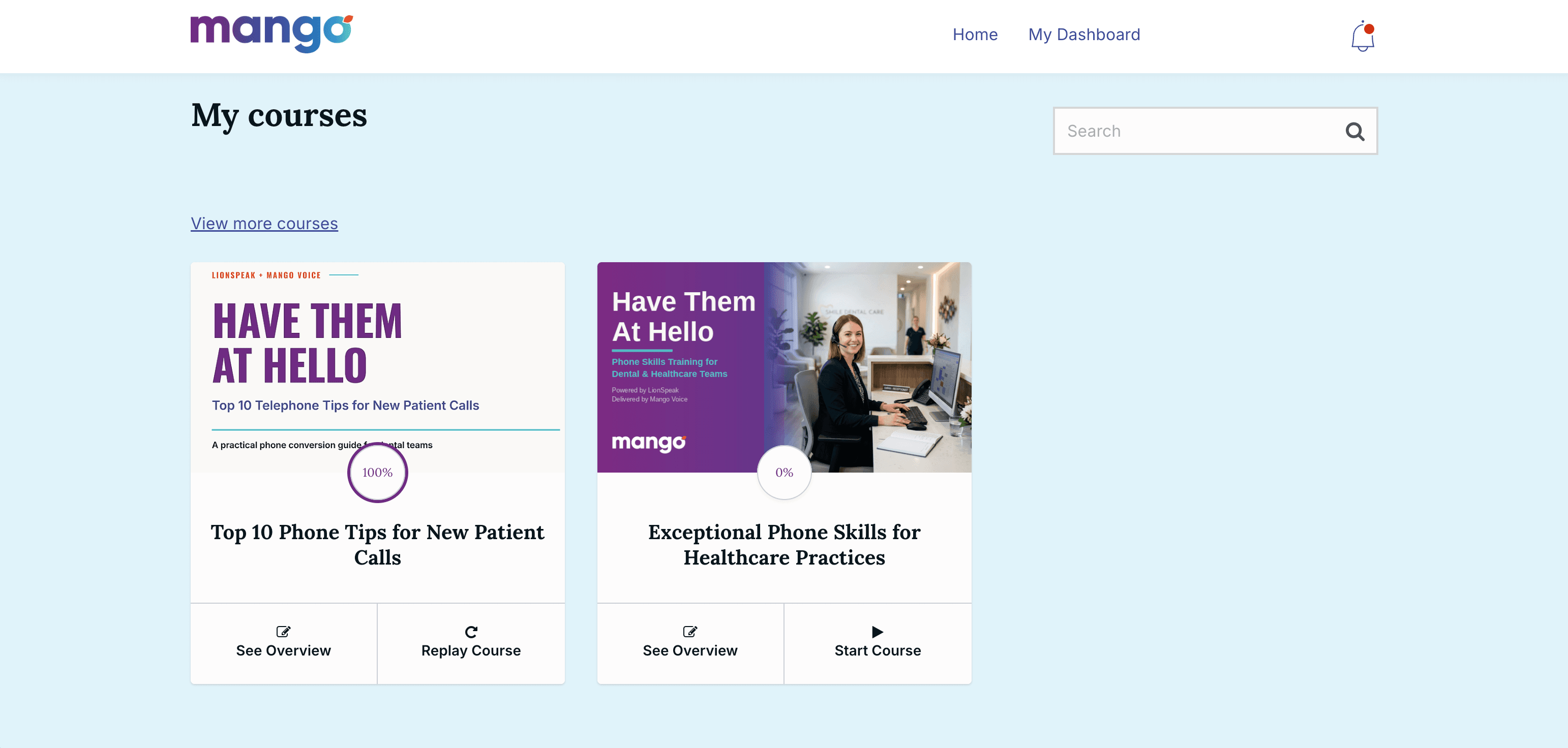 Have Them at Hello course dashboard showing enrolled phone skills training courses