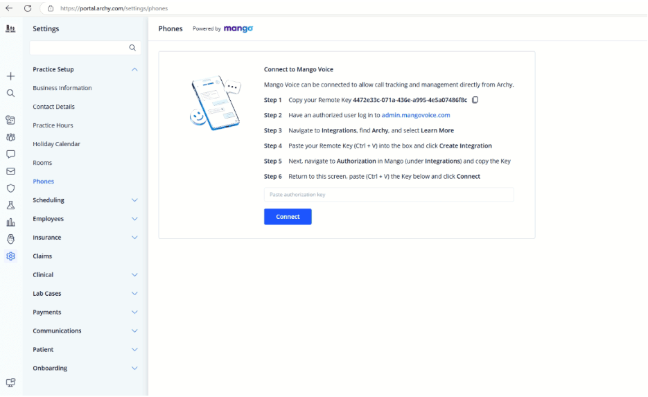 Archy portal Settings Phones page showing the Connect to Mango Voice panel with six numbered setup steps, a Remote Key, and a Connect button