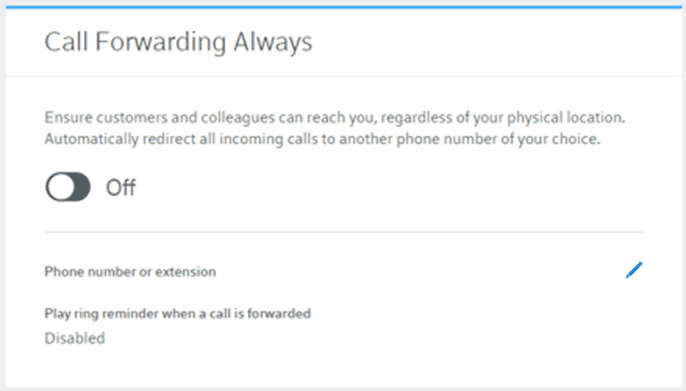 Comcast Call Forwarding Always settings panel with an Off toggle and phone number or extension field