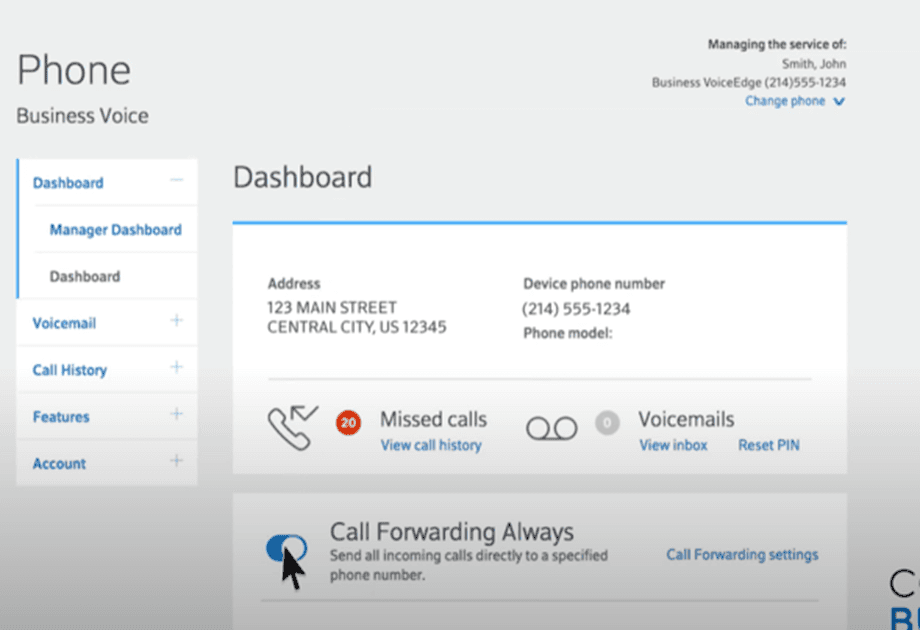 Comcast Business Voice Phone dashboard showing the Call Forwarding Always row and Call Forwarding settings link