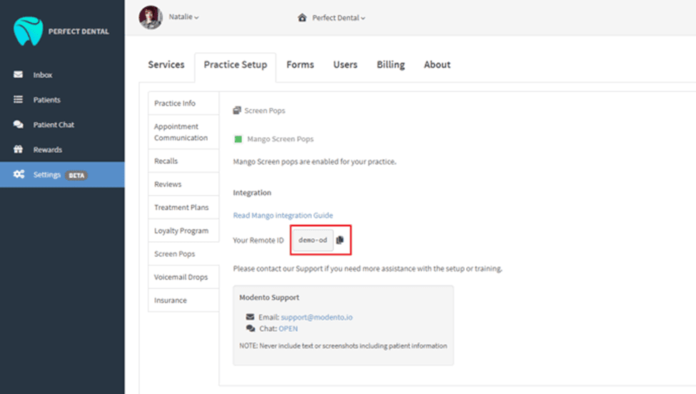Dental Intelligence Settings page open to the Screen Pops tab, showing Mango Screen Pops enabled and the Integration section with the Your Remote ID field highlighted in red
