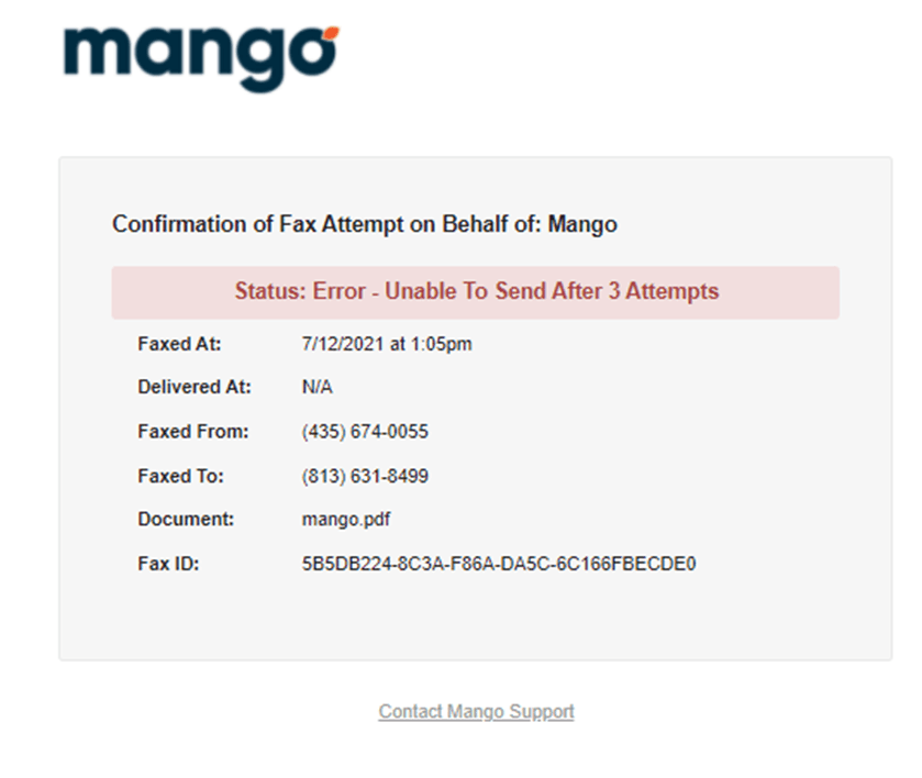 A failed Mango fax confirmation email showing a red Status: Error - Unable To Send After 3 Attempts banner with Delivered At showing N/A