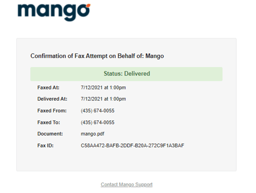 A successful Mango fax confirmation email showing a green Status: Delivered banner with details including Faxed At, Delivered At, Faxed From, Faxed To, Document, and Fax ID