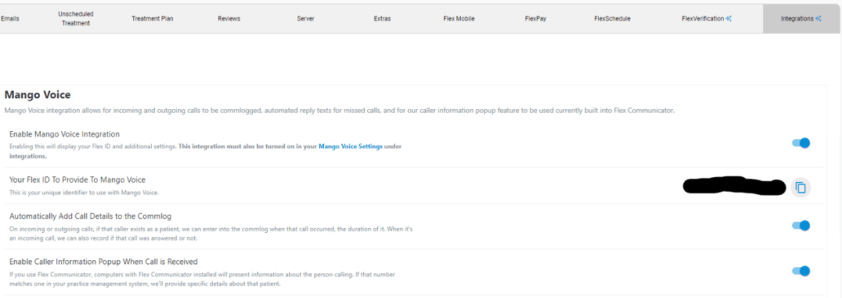 Flex Dental Integrations tab showing the Mango Voice settings panel with toggles for enabling the integration, the Flex ID field, commlog details, and the caller information popup