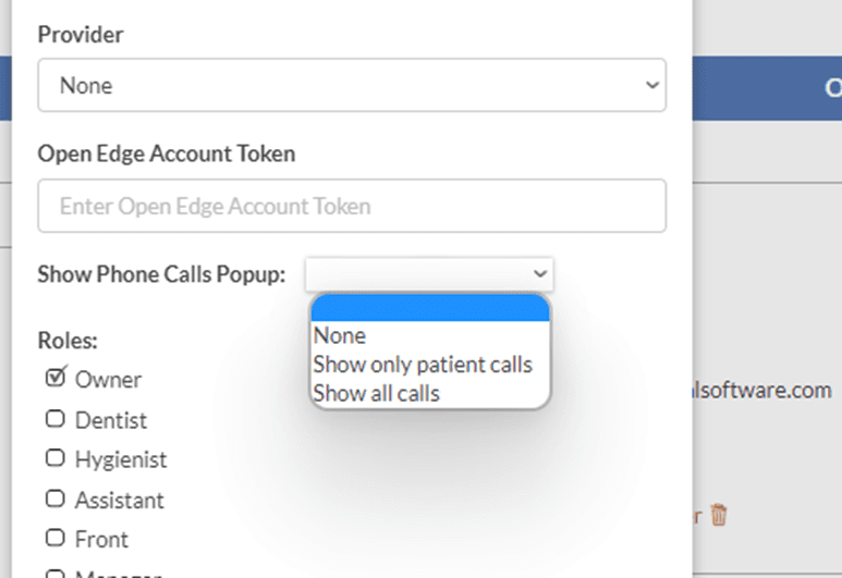 Oryx Edit User pop up with the Show Phone Calls Popup dropdown expanded showing None, Show only patient calls, and Show all calls options