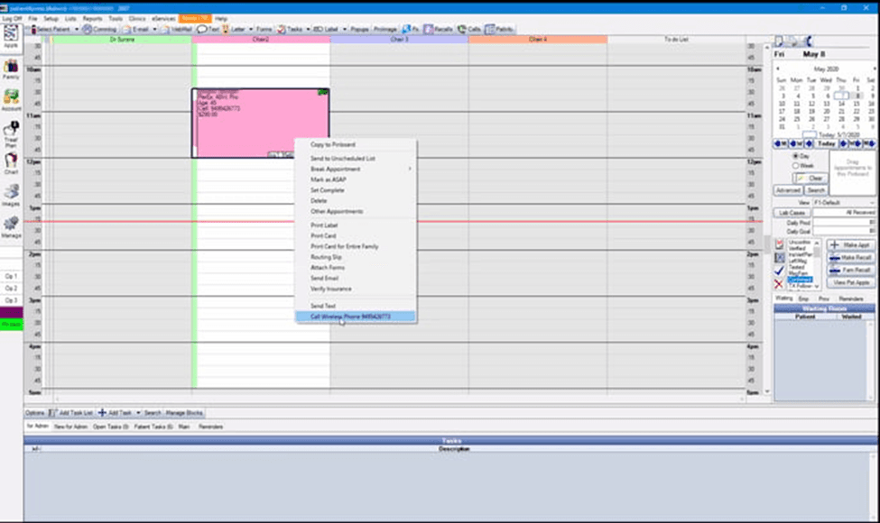 Patient Xpress scheduler with a right-click menu open on an appointment and the Call Wireless Phone option highlighted to place a call through Mango