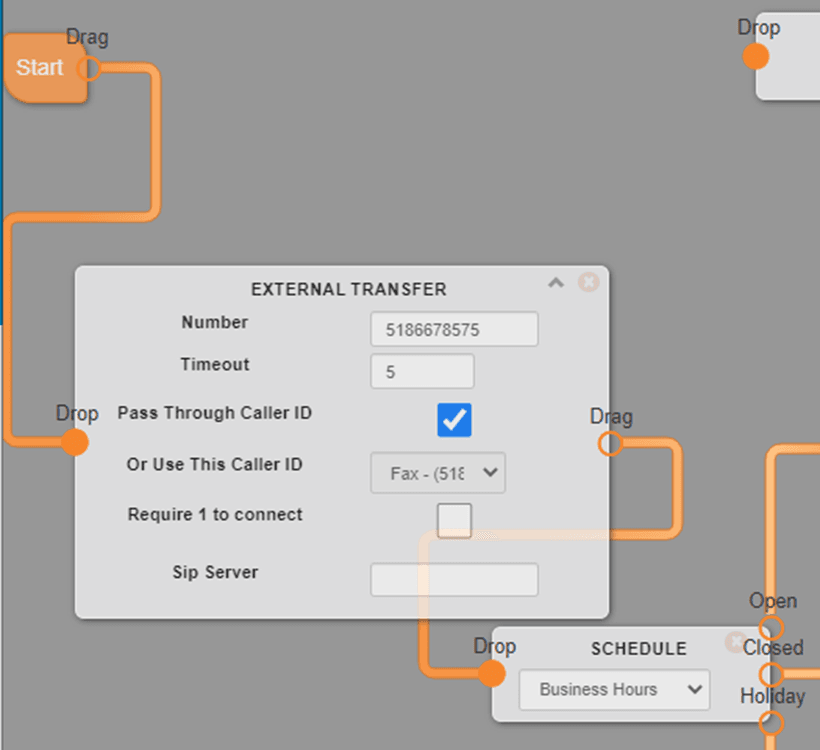 Mango Voice switchboard call flow editor with an External Transfer dialog open, showing the provided number and a 5 second timeout at the beginning of the call flow