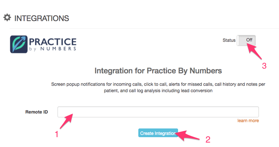 Mango Voice Integrations page for Practice By Numbers showing the Remote ID field, the Create Integration button, and the Status toggle