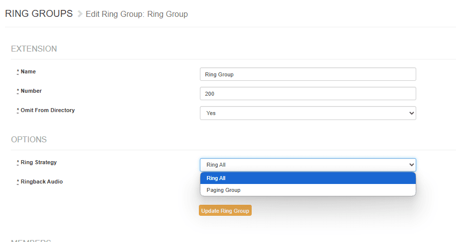 The Edit Ring Group screen with the Ring Strategy dropdown open, showing the Ring All and Paging Group options and the Update Ring Group button.
