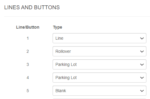 The Lines and Buttons panel showing line numbers and their type dropdowns
