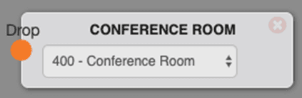 The Conference Room switchboard object, a gray rounded node labeled CONFERENCE ROOM with a Drop connector on the left and a dropdown showing 400 - Conference Room