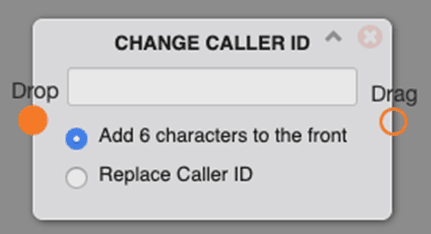 The Custom Caller ID switchboard object, a gray rounded node labeled CHANGE CALLER ID with a text field and two radio options: Add 6 characters to the front (selected) and Replace Caller ID