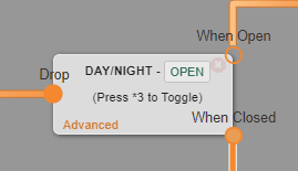 The Day/Night object in Advanced mode set to OPEN, with a green OPEN badge, the text Press *3 to Toggle, and the When Open output connected