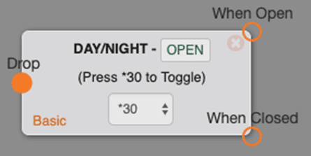 The Day/Night switchboard object in Basic mode, a gray rounded node labeled DAY/NIGHT with a green OPEN status badge, the text Press *30 to Toggle, a *30 field, and two outputs labeled When Open and When Closed