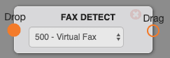 The Fax Detect switchboard object, a gray rounded node labeled FAX DETECT with a Drop connector on the left, a Drag connector on the right, and a dropdown showing 500 - Virtual Fax