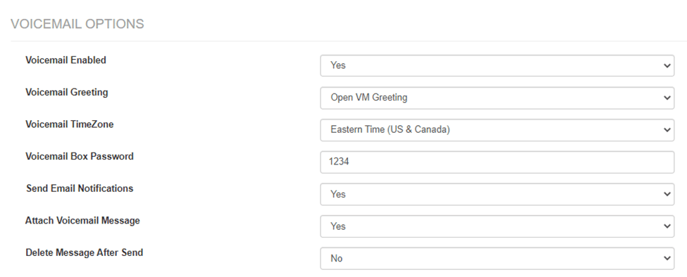 The Voicemail Options panel in the Mango PBX showing per-extension settings including Voicemail Enabled set to Yes, Voicemail Greeting set to Open VM Greeting, Voicemail TimeZone, Voicemail Box Password, Send Email Notifications, Attach Voicemail Message, and Delete Message After Send