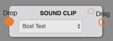 The Sound Clip switchboard object, a gray rounded node labeled SOUND CLIP with an orange Drop connector on the left, a Drag connector on the right, a close icon, and a dropdown selector showing a chosen sound clip