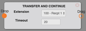 The Transfer and Continue switchboard object, a gray rounded node labeled TRANSFER AND CONTINUE with a Drop connector on the left, a Drag connector on the right, an Extension dropdown set to 100 - Recpt 1, and a Timeout field set to 20