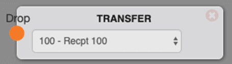 The Transfer switchboard object, a gray rounded node labeled TRANSFER with a Drop connector on the left and a dropdown set to 100 - Recpt 100