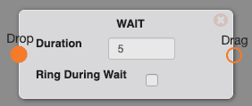 The Wait switchboard object, a gray rounded node labeled WAIT with a Drop connector on the left, a Drag connector on the right, a Duration field set to 5, and a Ring During Wait checkbox