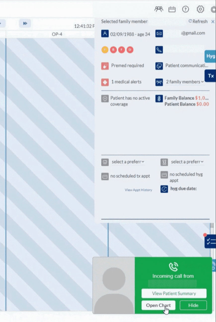 Mango Voice call pop displayed over a dental practice scheduling grid