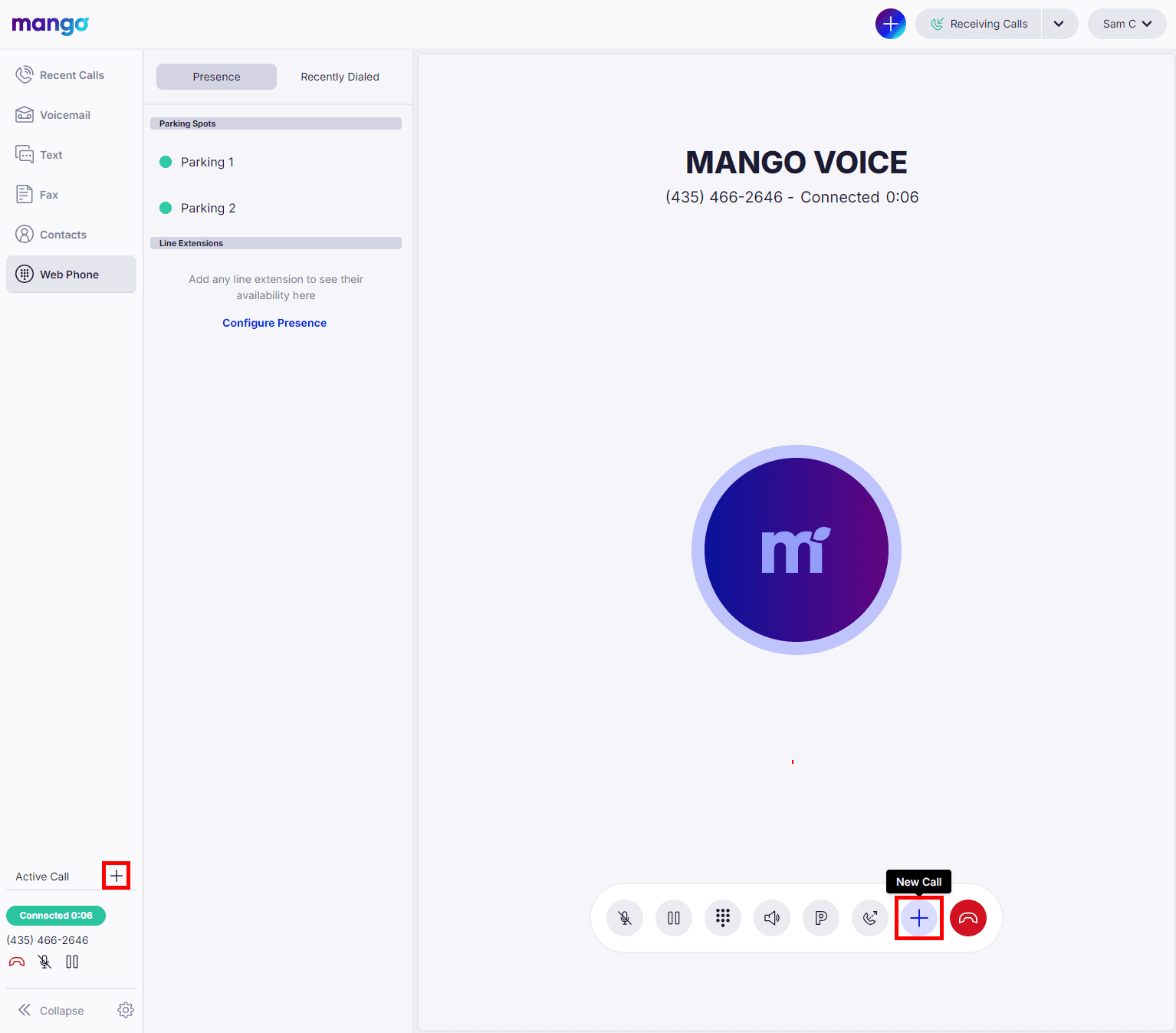 Mango Voice Web App on an active call with the Plus / New Call buttons highlighted in the lower-left Active Call area and in the call control bar