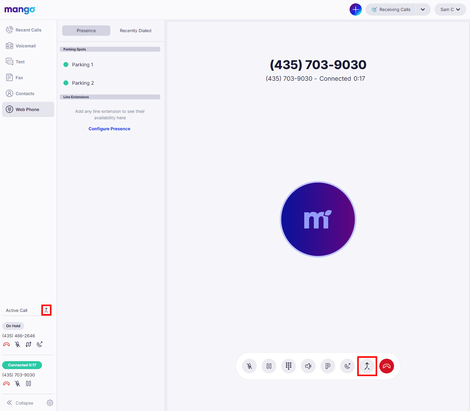 Web App with one call on hold and one connected, with the Merge button highlighted in the call control bar and next to the Active Call label