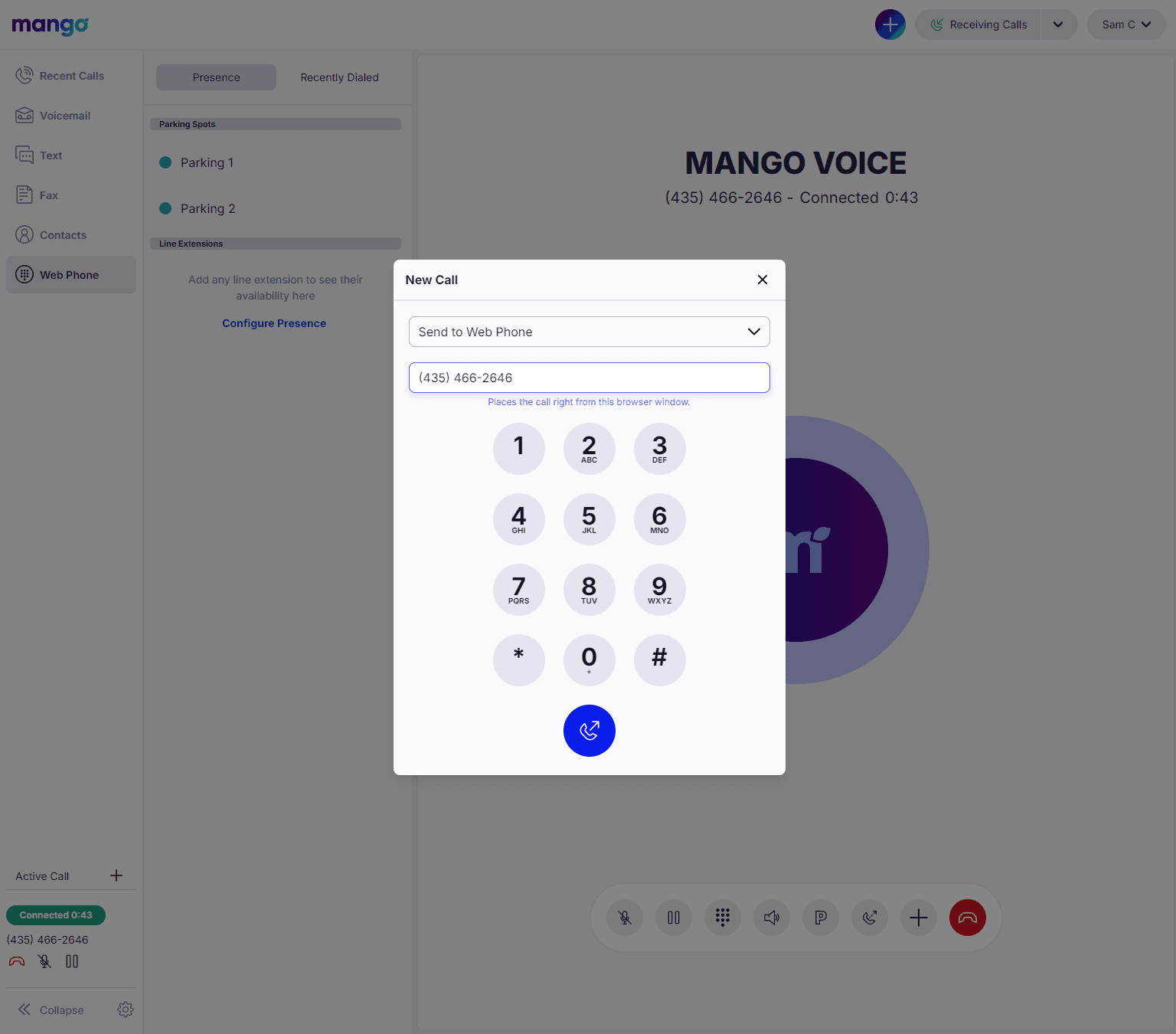 New Call modal in the Web App with a Send to Web Phone dropdown, a phone number field, a dialpad, and a call button