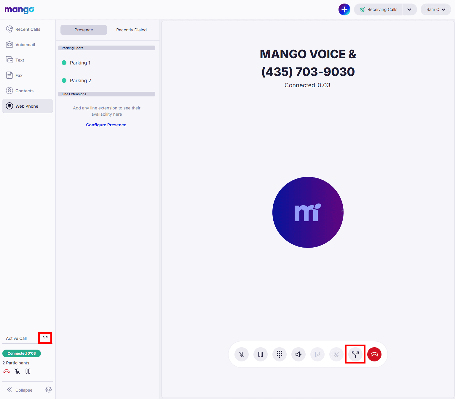 Web App showing a merged call titled Mango Voice and (435) 703-9030 with 2 Participants and the Split button highlighted