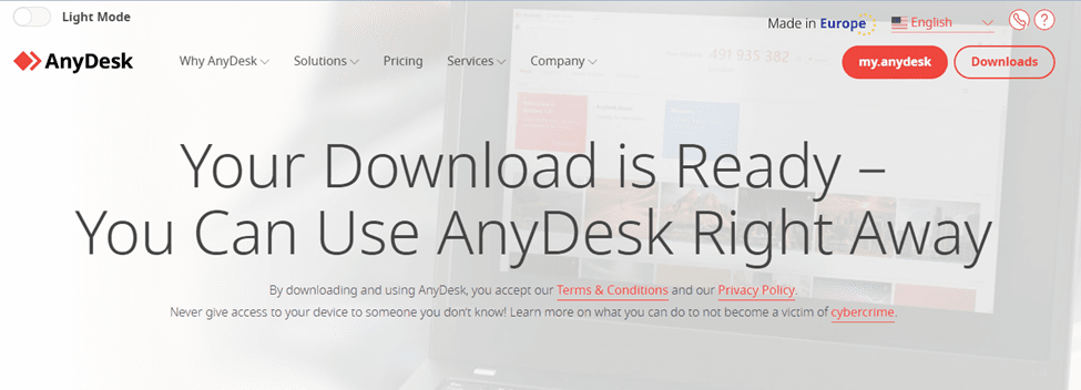 AnyDesk 'Your Download is Ready' confirmation page