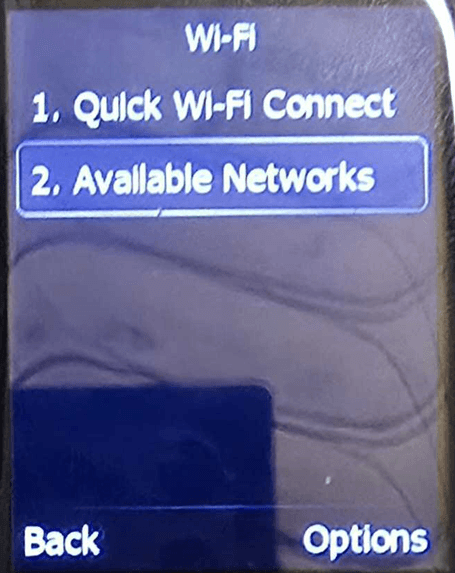 Wi-Fi menu showing Quick Wi-Fi Connect and Available Networks, with Available Networks highlighted