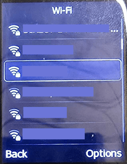 Wi-Fi available networks list showing several network names with one highlighted