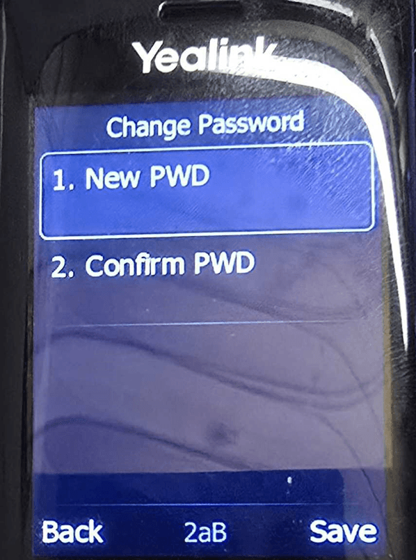 Change Password screen with New PWD and Confirm PWD fields and Back, 2aB, and Save buttons