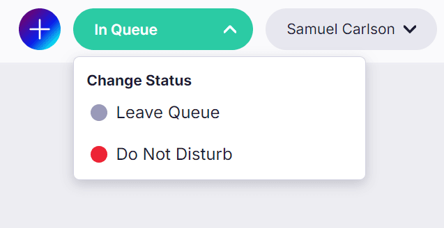 An agent status control showing the In Queue status with a Change Status dropdown offering Leave Queue and Do Not Disturb options