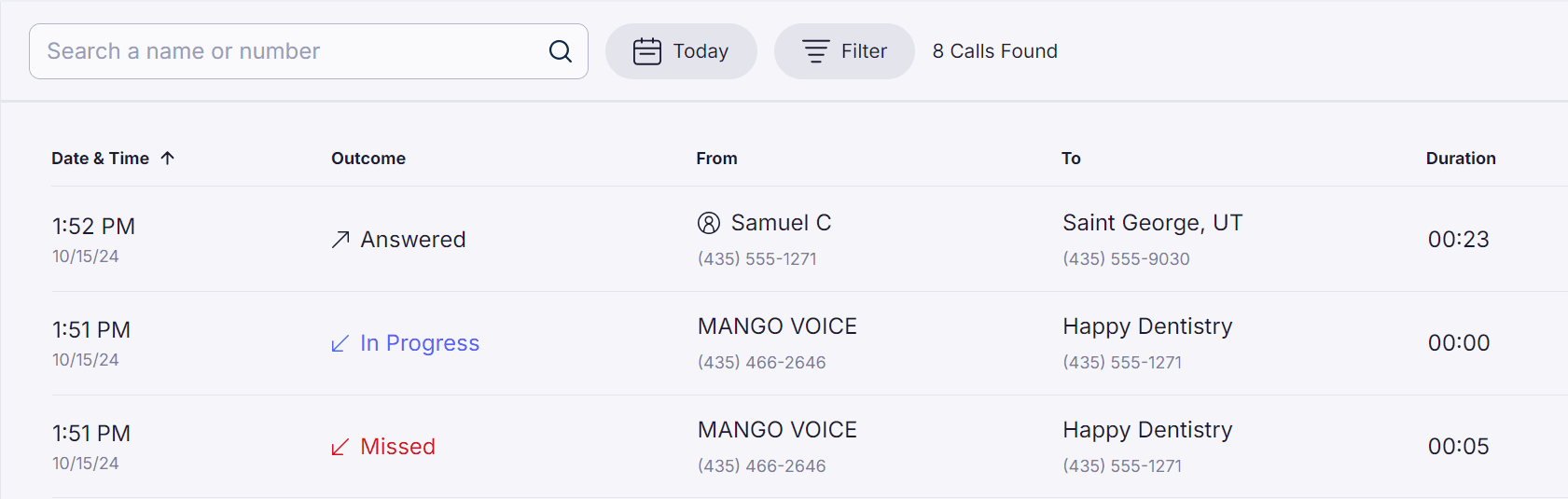 Call Logs list with a search field, Today and Filter buttons, and a table of calls showing Date & Time, Outcome (Answered, In Progress, Missed), From, To, and Duration