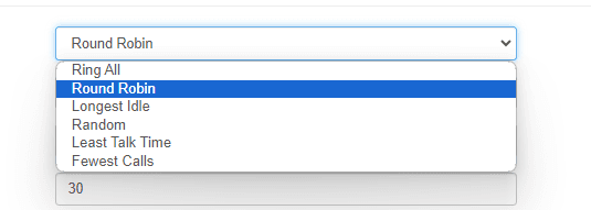 Ring Strategy dropdown showing Ring All, Round Robin, Longest Idle, Random, Least Talk Time, and Fewest Calls options