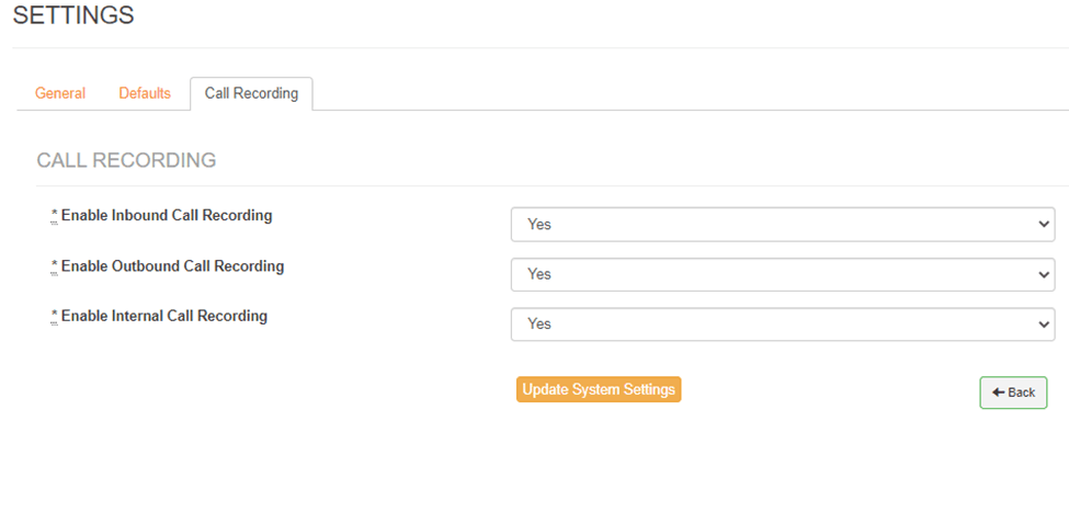 Settings page on the Call Recording tab with Enable Inbound, Outbound, and Internal Call Recording dropdowns set to Yes