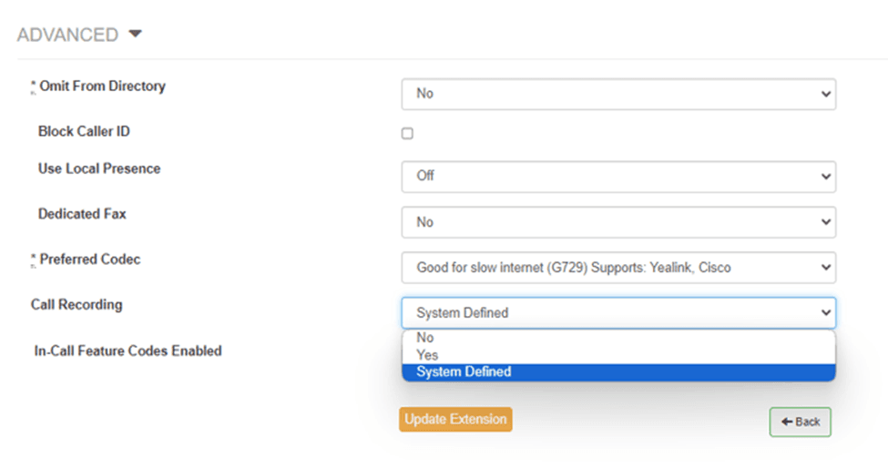 Extension Advanced panel with the Call Recording dropdown open showing No, Yes, and System Defined options