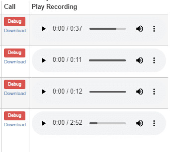 Call Logs list with audio players in the Play Recording column