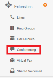 Extensions menu with Conferencing highlighted in a red box, alongside Lines, Ring Groups, Call Queues, Virtual Fax, and Shared Voicemail