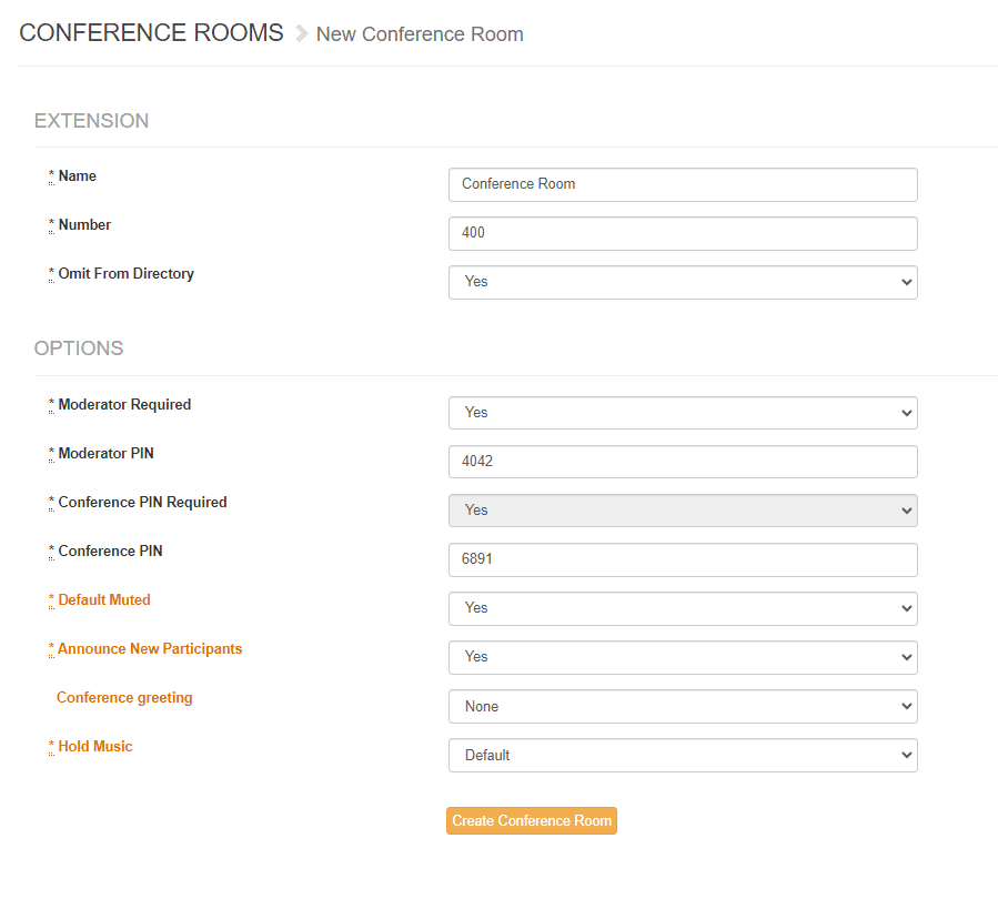 New Conference Room form showing Extension fields (Name, Number, Omit From Directory) and Options (Moderator Required, Moderator PIN, Conference PIN Required, Conference PIN, Default Muted, Announce New Participants, Conference greeting, Hold Music) with a Create Conference Room button