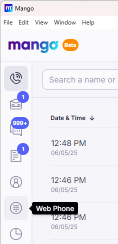 Mango Voice Desktop app left-hand menu with the Web Phone dialpad icon highlighted and a Web Phone tooltip showing