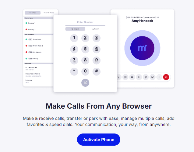 Make Calls From Any Browser activation screen with phone dialpad mockups and a blue Activate Phone button