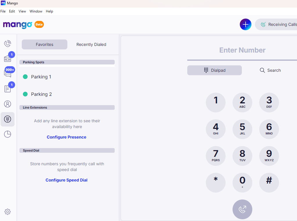 Activated web phone inside the desktop app showing the Enter Number dialpad with Favorites, Parking Spots, Line Extensions, and Speed Dial panels