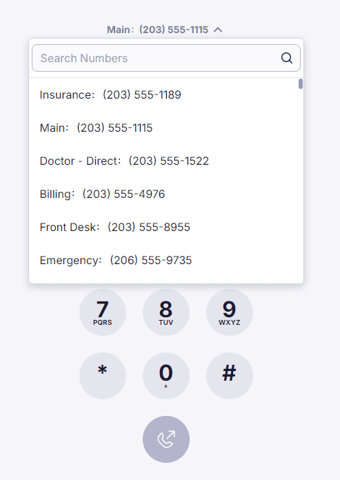 Web Phone caller ID selector dropdown showing a list of labeled phone numbers to choose from above the dialpad