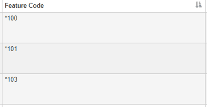 A Feature Code column listing the available star codes *100, *101, and *103
