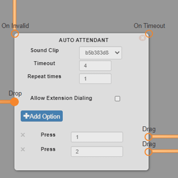 Auto Attendant node in the Switchboard editor showing a Sound Clip dropdown, Timeout 4, Repeat times 1, an Allow Extension Dialing checkbox, an Add Option button, and Press 1 and Press 2 options, with connection points labeled On Invalid, On Timeout, Drop, and Drag